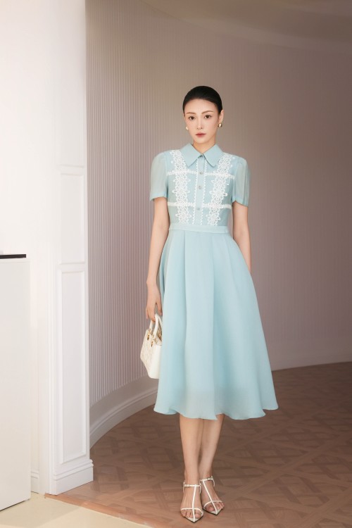 Sixdo Light Blue Organza Flared Dress